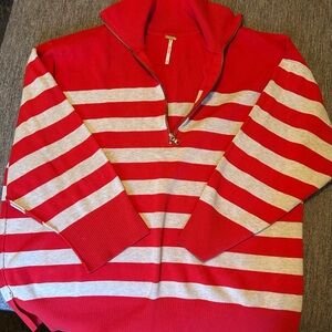Free People Bright Red Ribbed Collar Zip-Up Sweater